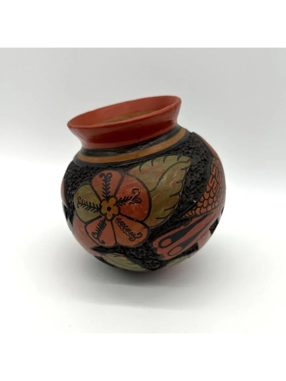 Pottery Hanging Planter Nicaraguan Incised Handmade Birds Flowers Hand Carved